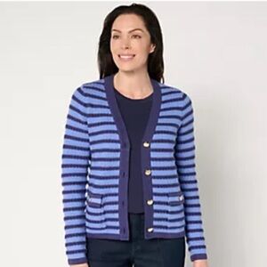 NEW Isaac Mizrahi Live! striped button-front cardigan Blue QVC Medium